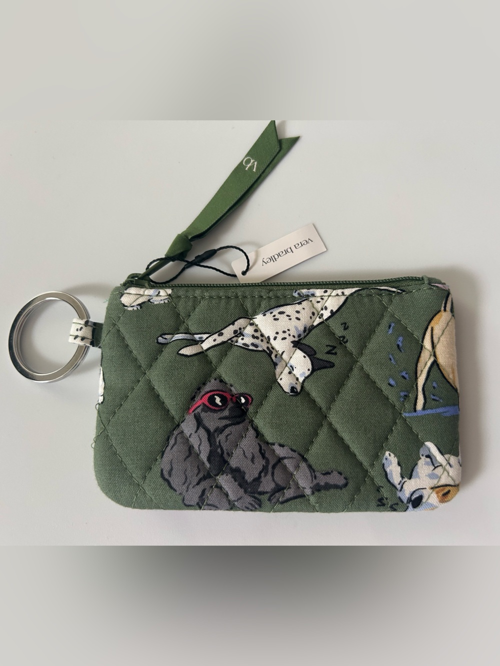 Vera Bradley Dog Park Quilted Cotton Zip ID Case Keychain Wallet Olive NWT